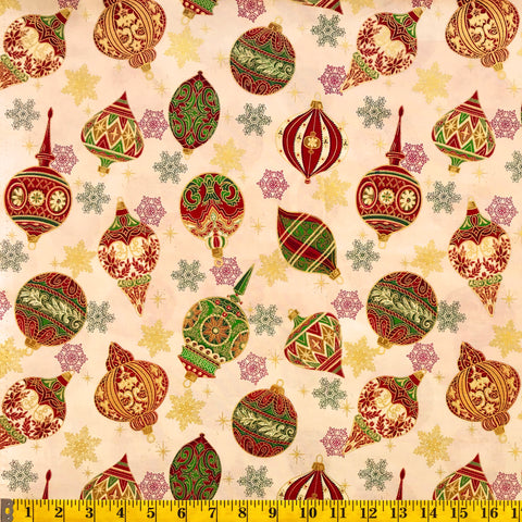 Jordan Fabrics Metallic-Weihnachtsblüte 10004, 4 cremefarbene/goldene Erbstück-Ornamente pro Meter