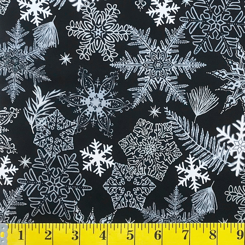 Jordan Fabrics Metallic Christmas Blossom 10005 2 Black/Silver Snowfla