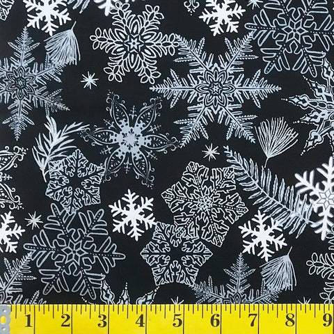 Jordan Fabrics flor de natal metálica 10005 2 floco de neve preto/prata e folha no quintal