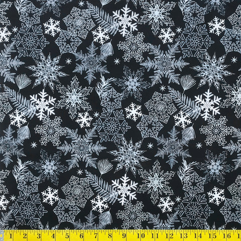 Jordan Fabrics Metallic Christmas Blossom 10005 2 Black/Silver Snowflake & Leaf By The Yard