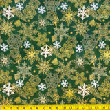 Jordan Fabrics Metallic Christmas Blossom 10005 8 Green/Gold Snowflake & Leaf By The Yard