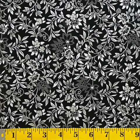 Jordan Fabrics metallische Weihnachtsblüte 10006 2 schwarz/silberne elegante Ranken Meterware