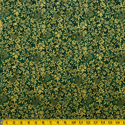 Jordan Fabrics metallische Weihnachtsblüte 10006 8 grüne/goldene elegante Ranken pro Meter