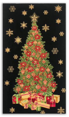 Jordan Fabrics flor navideña metálica 10007p 1 árbol navideño negro/dorado panel de 23" por panel (no estrictamente cortado a medida)