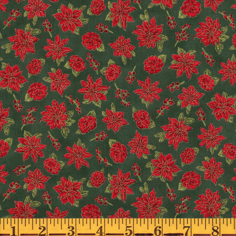 Jordan Fabrics Metallic Christmas Blossom 10008 8 Green/Gold Rose & Poinsettia By The Yard
