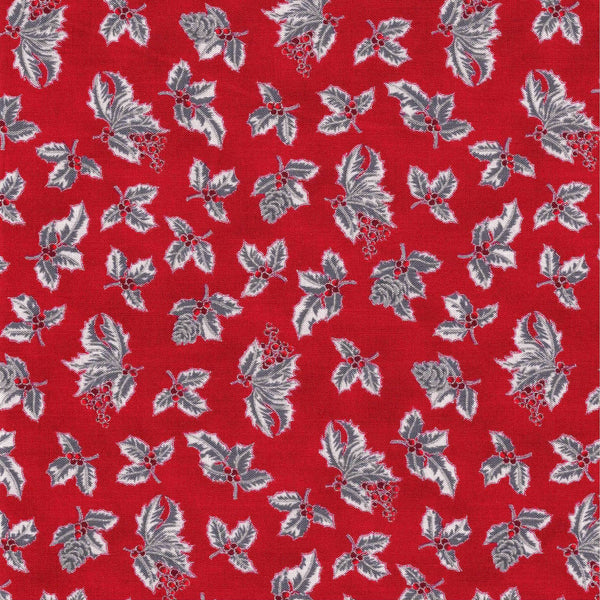 Jordan Fabrics Metallic Christmas Blossom 10009 7 Crimson/Silver Sprigs of Holly By The Yard