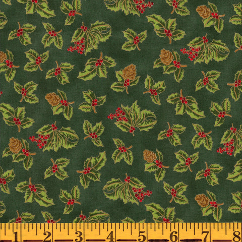 Jordan Fabrics Metallic Christmas Blossom 10009 8 grün/goldene Stechpalmenzweige, Meterware