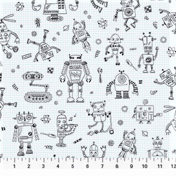 Patrick Lose Fabrics Rollicking Robots 10035 10 White Drawing Board By The Yard