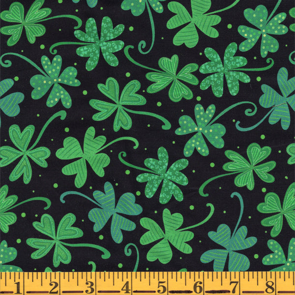 Benartex Luck of the Gnomes 14119 12 Black Lucky Shamrocks By The Yard