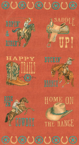 Moda Home On The Range 19990 12 Clay Red Western Cowboy 22" PANEL By The PANEL (not strictly by the yard)