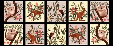 Blank Quilting Aussie Friends 2094 99 Black Aussie Animal Blocks 17" PANEL By The PANEL (Not Strictly By The Yard)