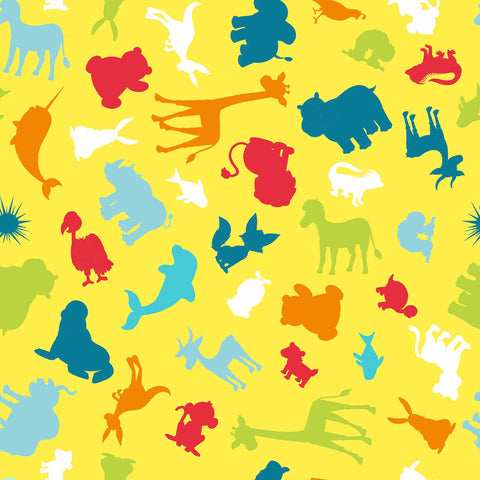 Blank Quilting A To Zoo 2657 44 Yellow Tossed Animal Silhouettes By The Yard