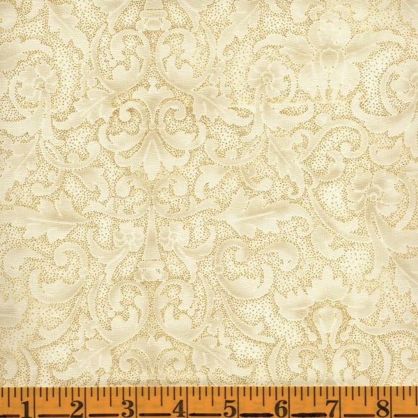 Hoffman Metallic Joyful Traditions 7752 20G Natural/Gold Damask By The Yard