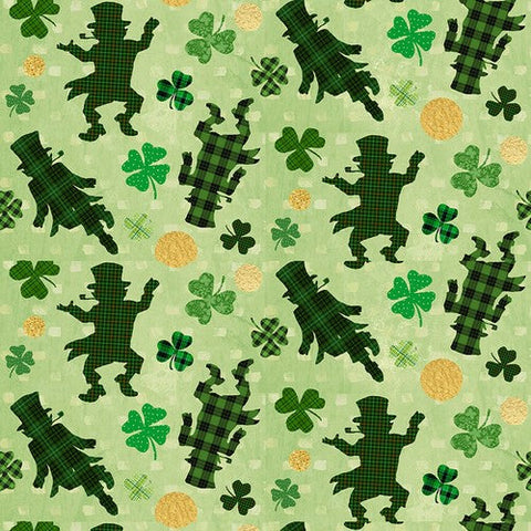 Henry Glass & Co. Hello Lucky 9739 66 Green Tossed Leprechaun By The Yard