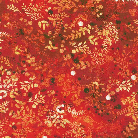 Kaufman Festive Beauty 21192 3 Red Berries & Leaves By The Yard