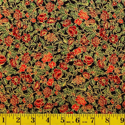 Jordan Fabrics flor de Navidad metálica 10003 1 rosa de Navidad negra/dorada cortada a medida