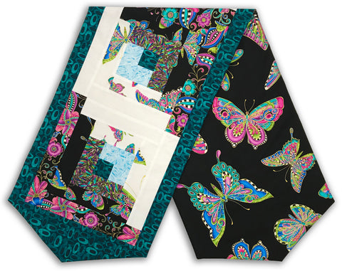 Fully FINISHED Log Cabin Table Runner - Alluring Butterflies