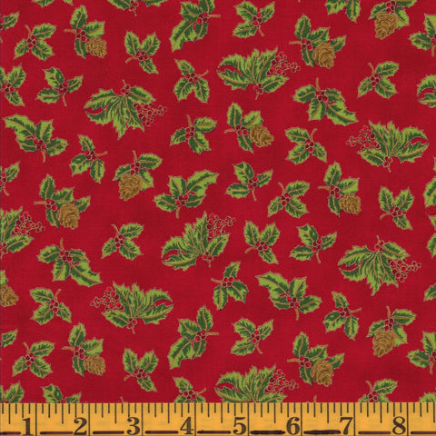Jordan Fabrics Metallic Christmas Blossom 10009 3 Red/Gold Sprigs of Holly By The Yard